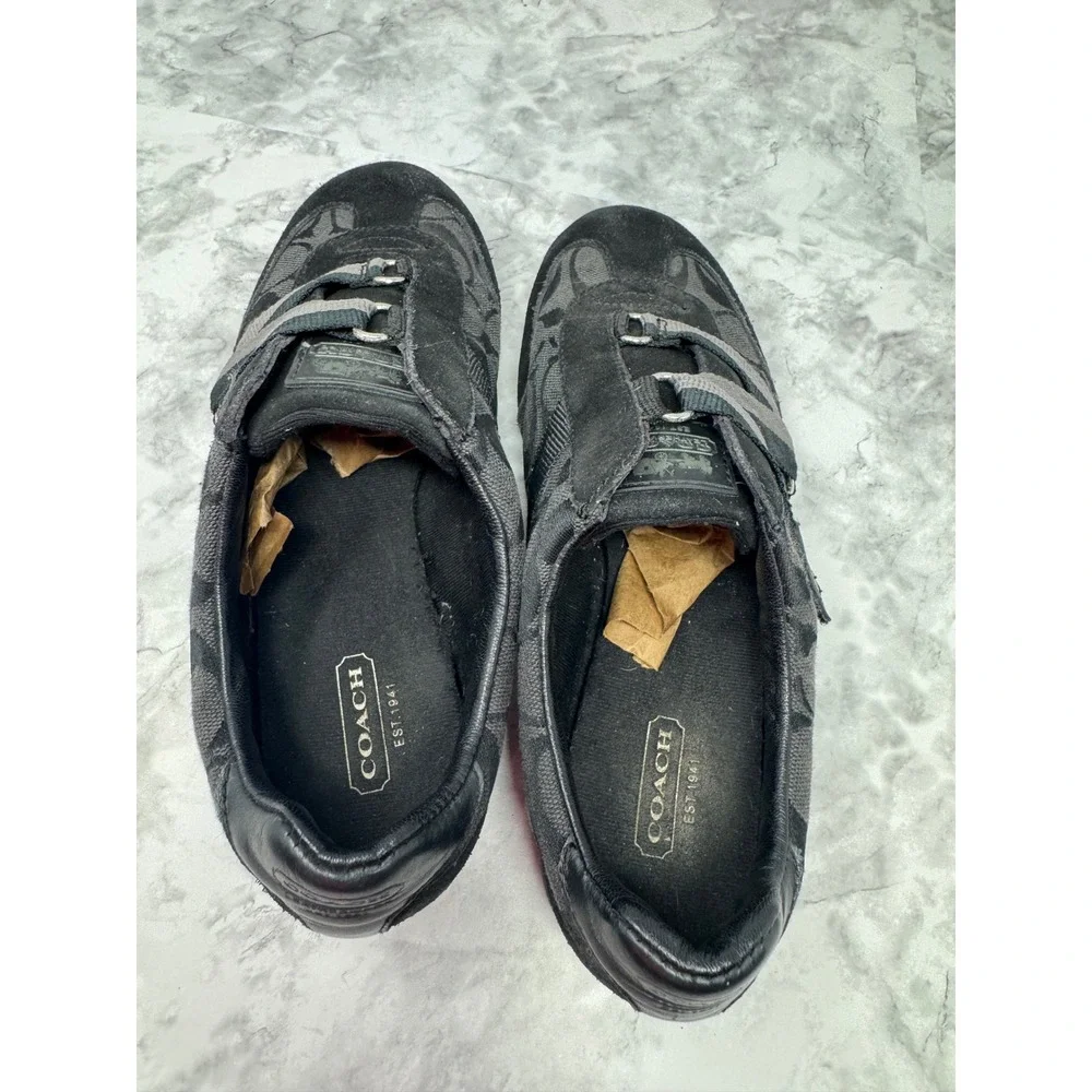 Coach Signature 🖤Jacquard Z-Strap Sneakers Black Grey Suede Trim Low Top Shoes - Picture 8 of 12